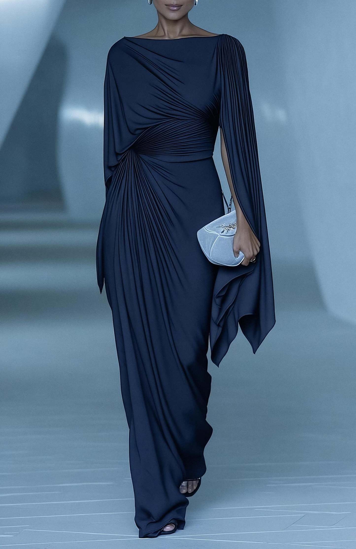 Dark Blue Pleated Cape Draped Maxi Dress
