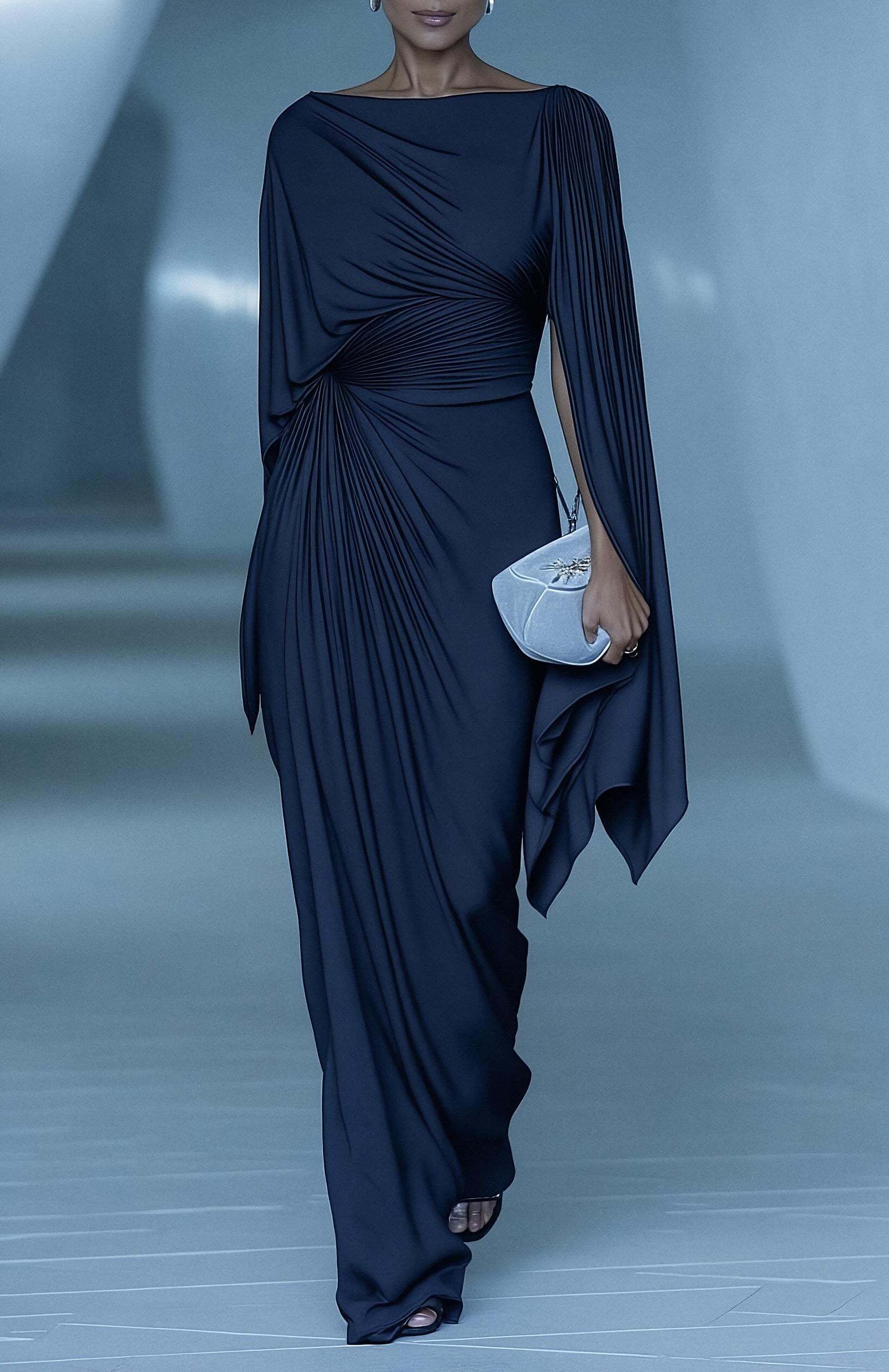 Dark Blue Pleated Cape Draped Maxi Dress