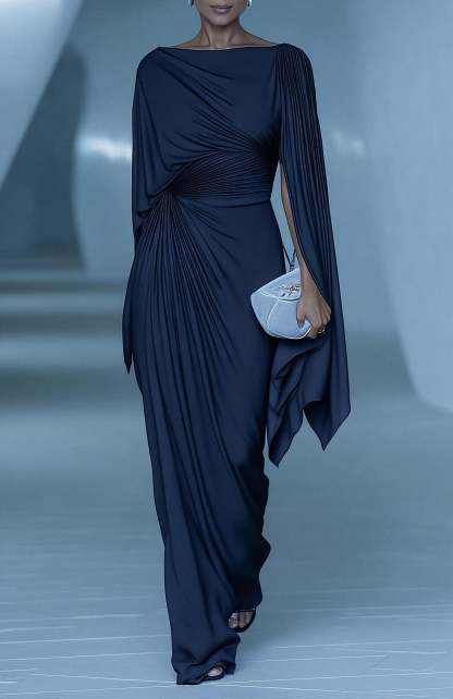 Dark Blue Pleated Cape Draped Maxi Dress