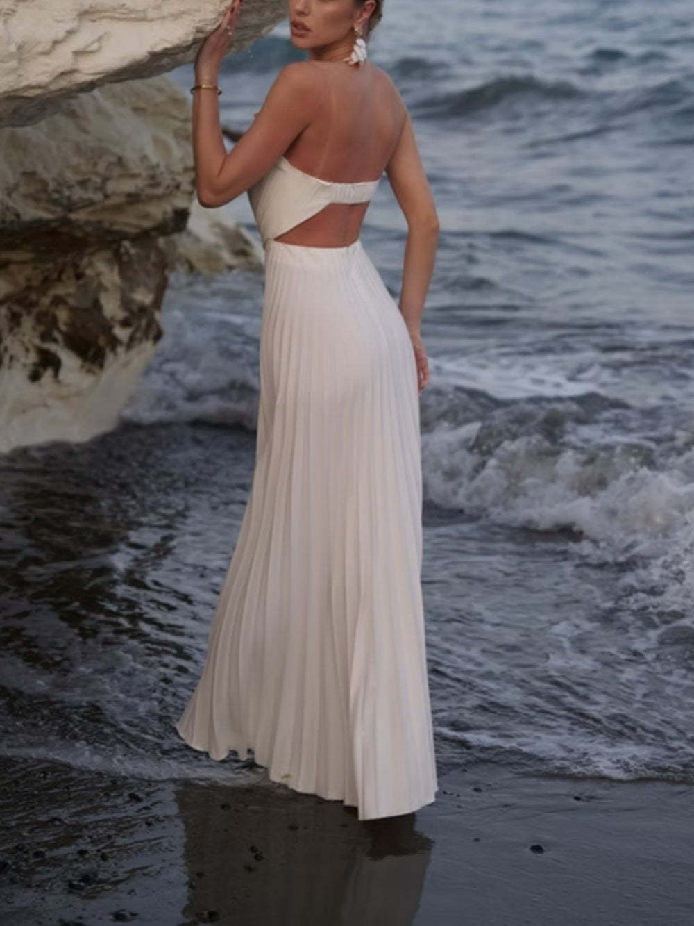 Evening Pleated Off Shoulder Maxi Dress Shell