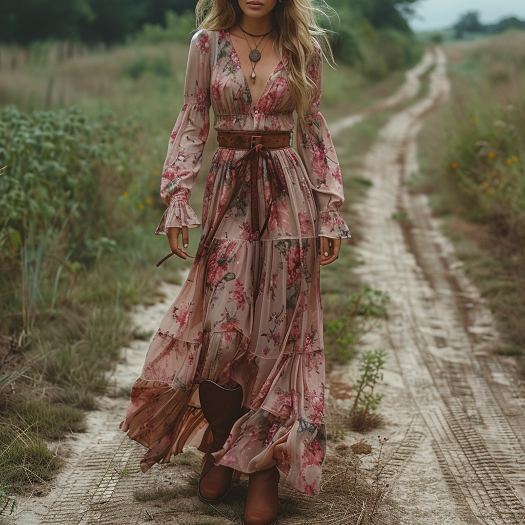 Retro V-neck Floral Women's Long-sleeved Long Skirt Country Pastoral R