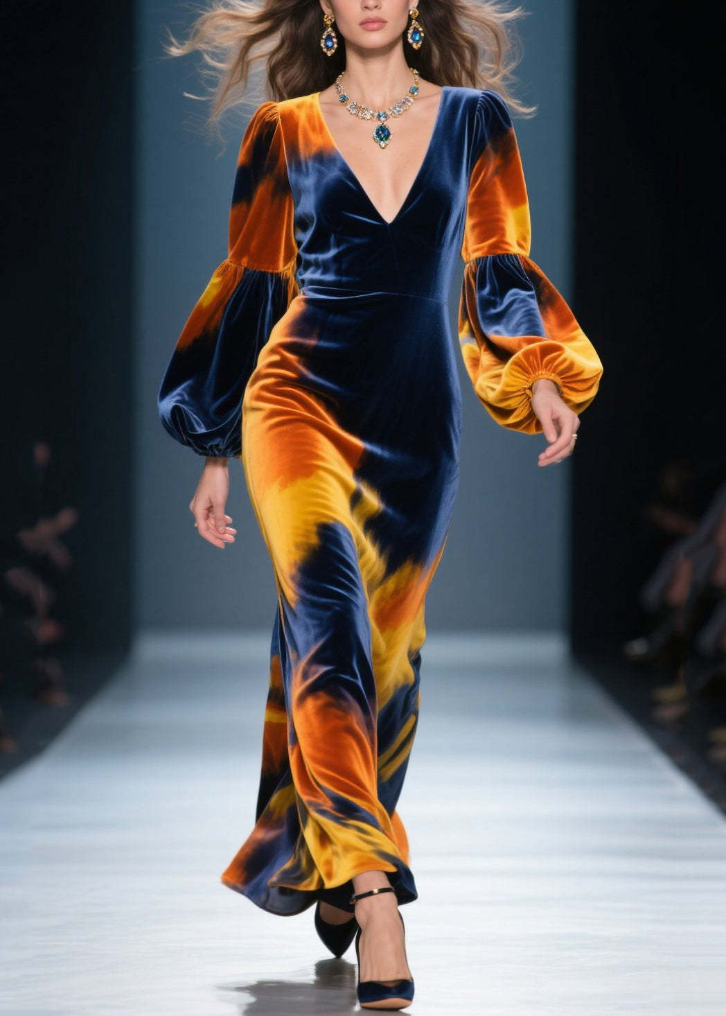 Beautiful V Neck Tie Dye Velvet Long Dress Lantern Sleeve