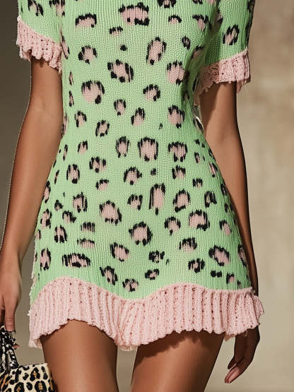 Mint Green And Pink Leopard Print Knit Dress With Frilled Edges