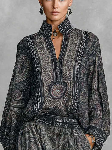 Vintage Paisley Print Long Sleeve Shirt Trousers Two-piece Set