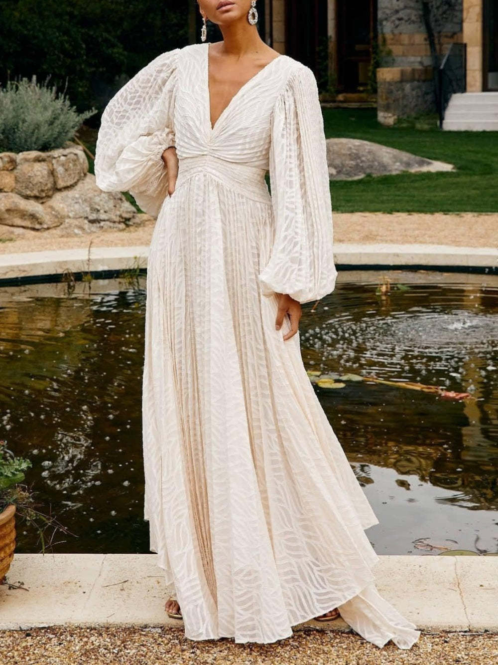 Lantern Long Sleeve V Neck Maxi Dress