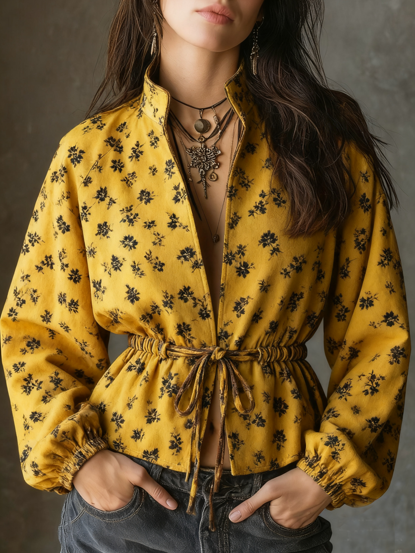 Retro V-neck yellow floral print fitted jacket
