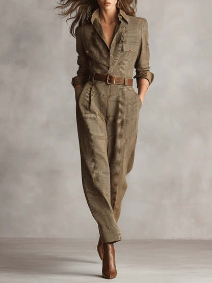 Brown Sophisticated Tweed Texture Plaid Utility Jumpsuit
