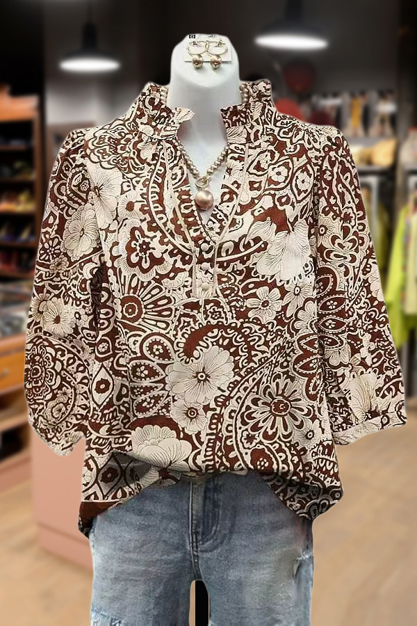 Vintage Floral Print V-Neck Puff Sleeve Top