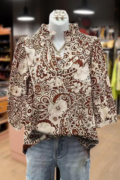 Vintage Floral Print V-Neck Puff Sleeve Top