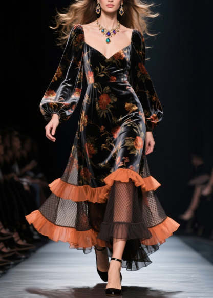 Modern Black Ruffled Patchwork Hollow Out Silk Velvet Dress Spring