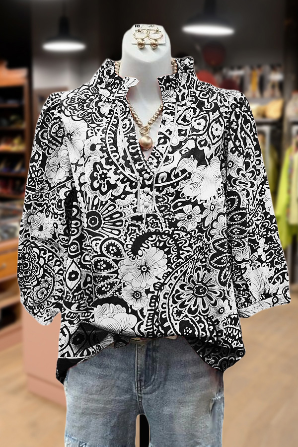 Vintage Floral Print V-Neck Puff Sleeve Top