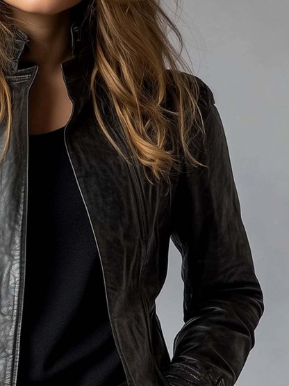 Women's Vintage Stand Collar Faux Leather Jacket