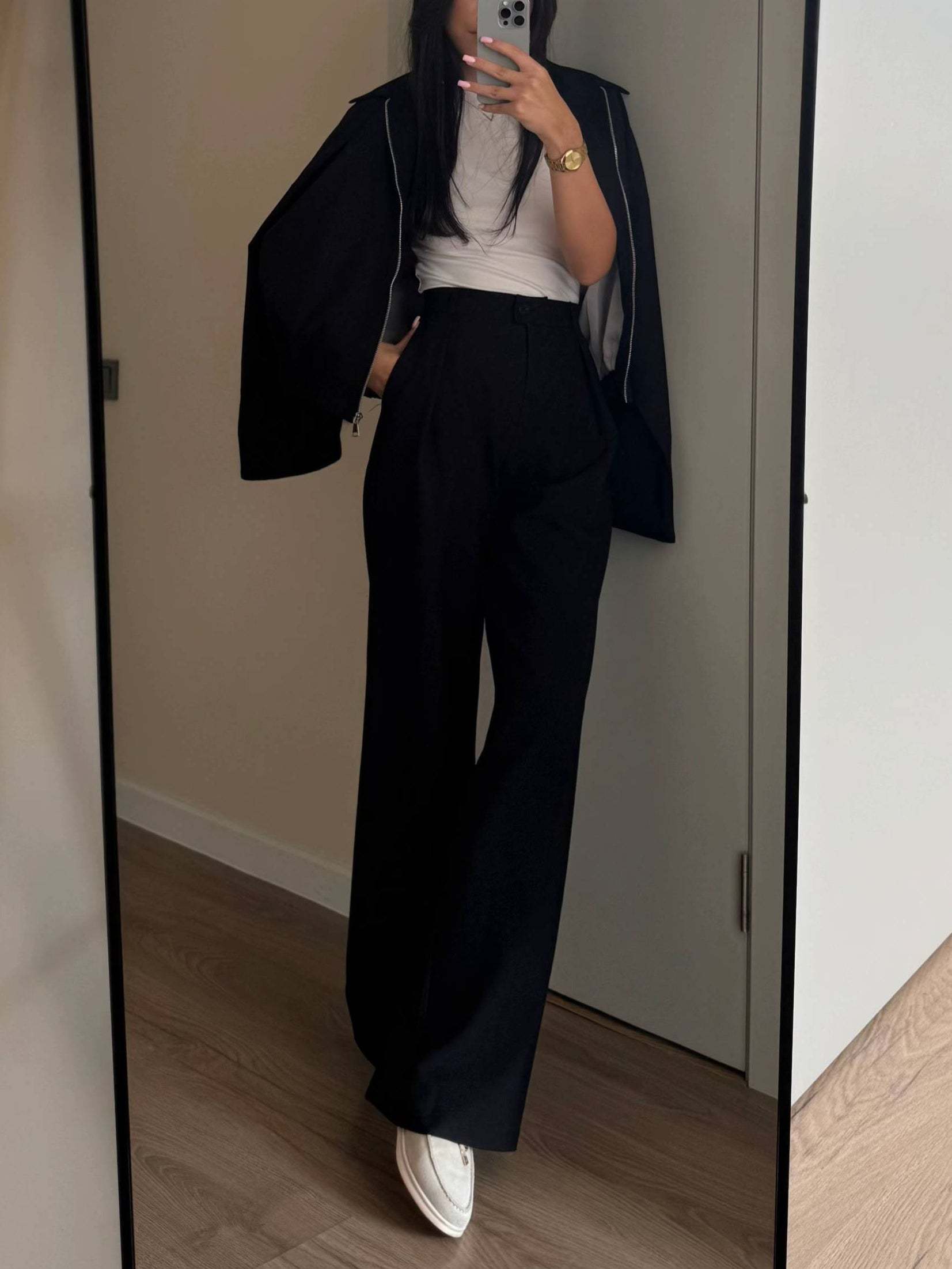 Zippered Jacket And Wide-leg Pants Two-piece Suit