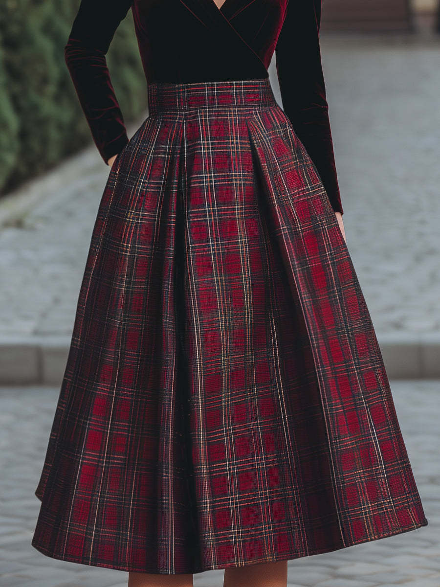 V-Neck Velvet And Plaid Midi Dress