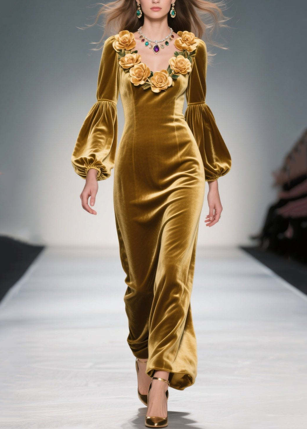 Handmade Yellow V Neck Floral Velvet Long Dresses Fall