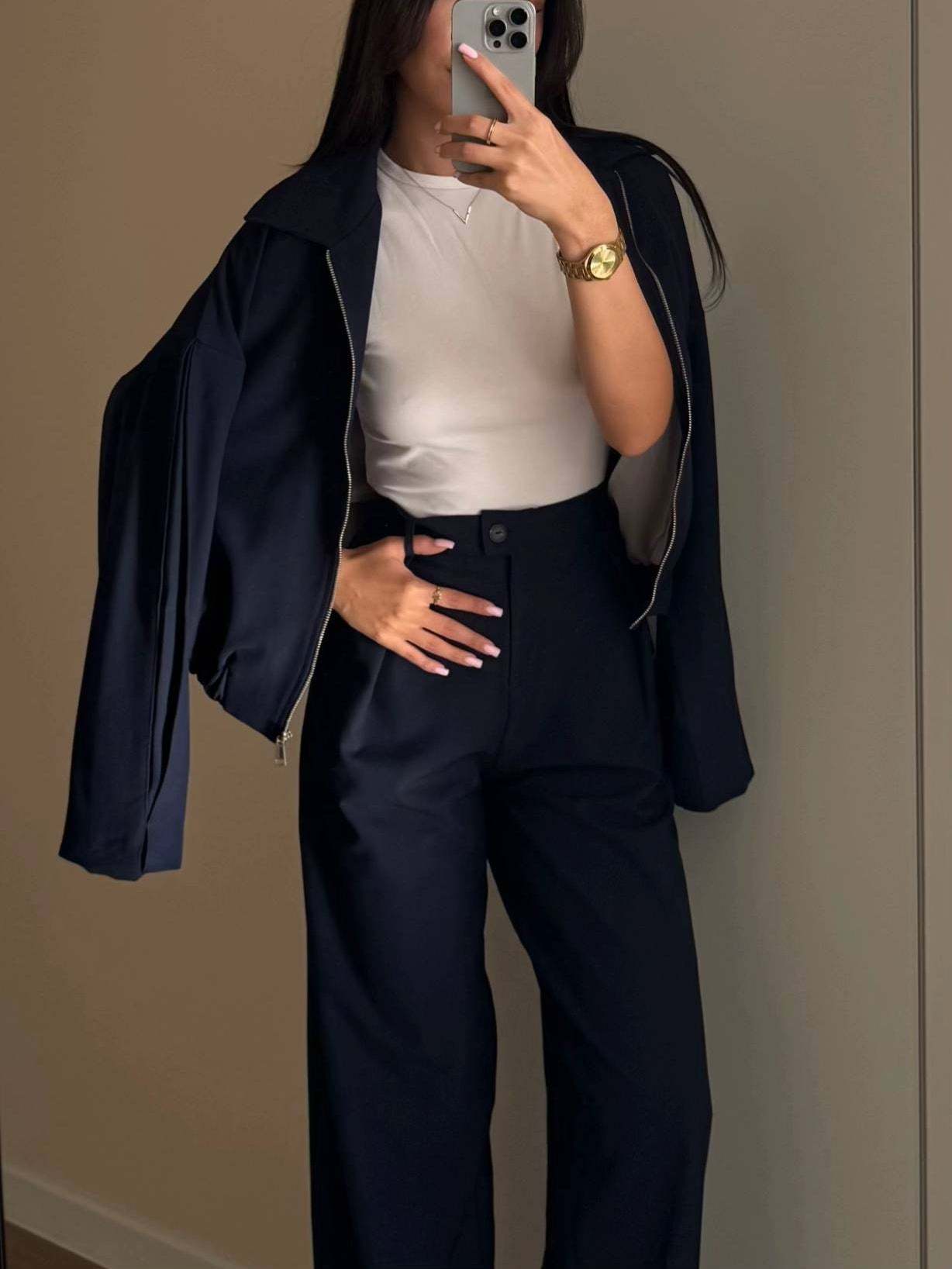 Zippered Jacket And Wide-leg Pants Two-piece Suit