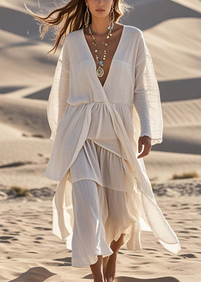 Boho White V Neck Asymmetrical Design Cotton Dress Spring