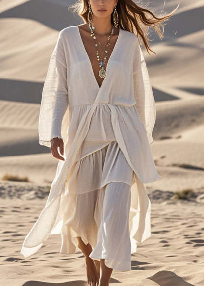 Boho White V Neck Asymmetrical Design Cotton Dress Spring