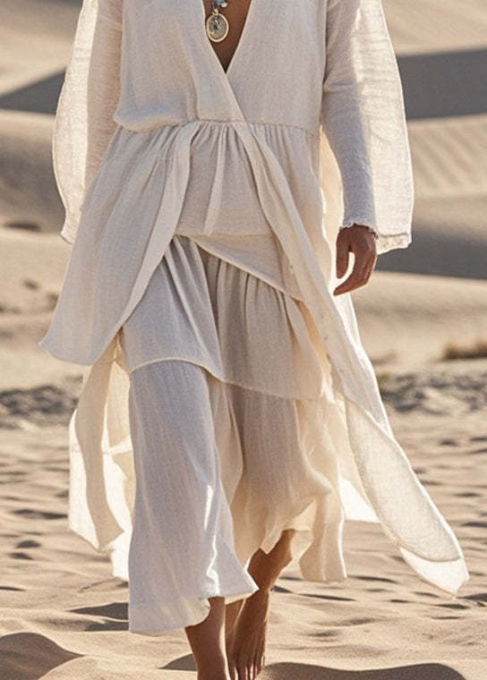 Boho White V Neck Asymmetrical Design Cotton Dress Spring