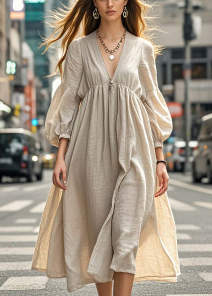 Elegant Beige Oversized Cotton Long Dresses Spring