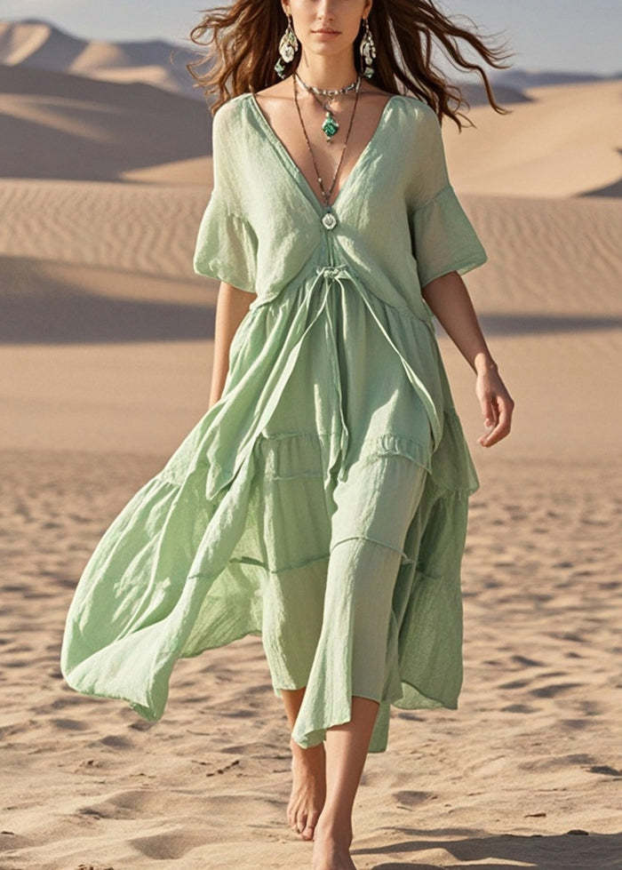 Fitted Green V Neck Exra Large Hem Cotton Dresses Summer