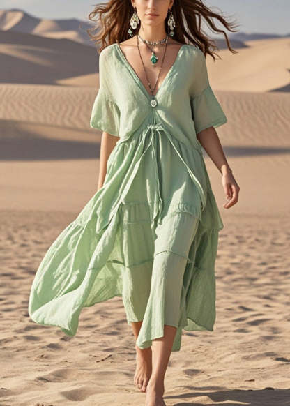 Fitted Green V Neck Exra Large Hem Cotton Dresses Summer