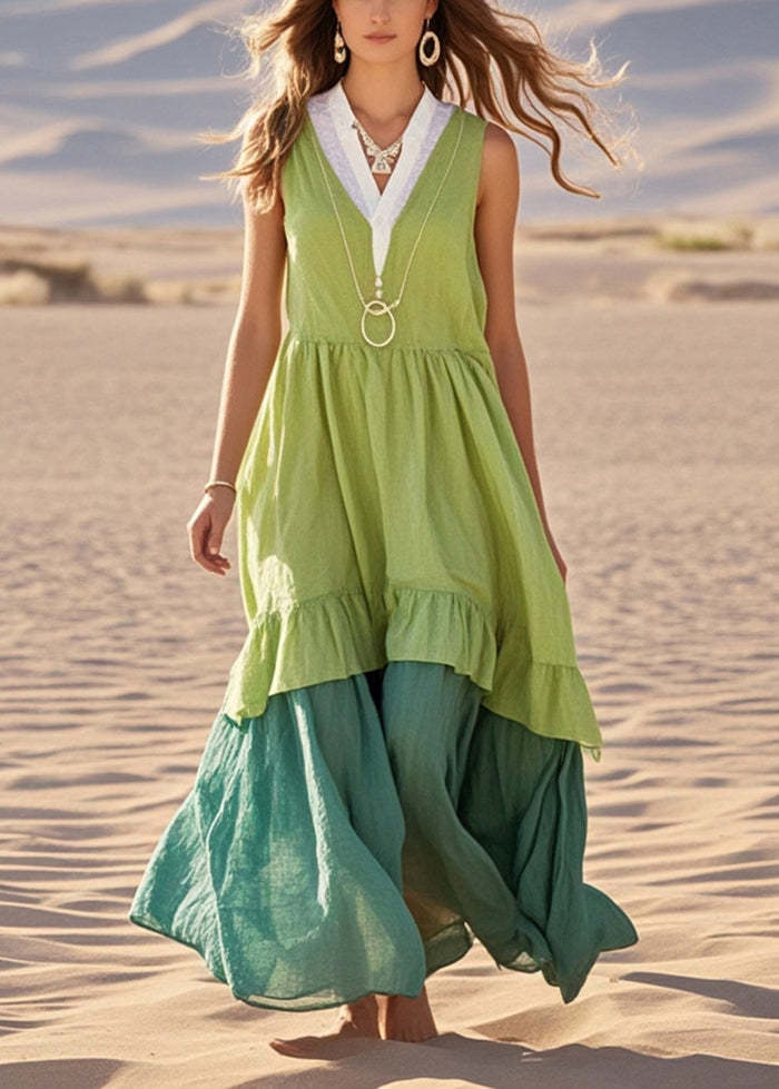 Green Patchwork Cotton Maxi Dresses Exra Large Hem Sleeveless