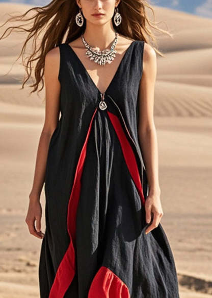 Plus Size Black Asymmetrical Patchwork Cotton Sundress Summer