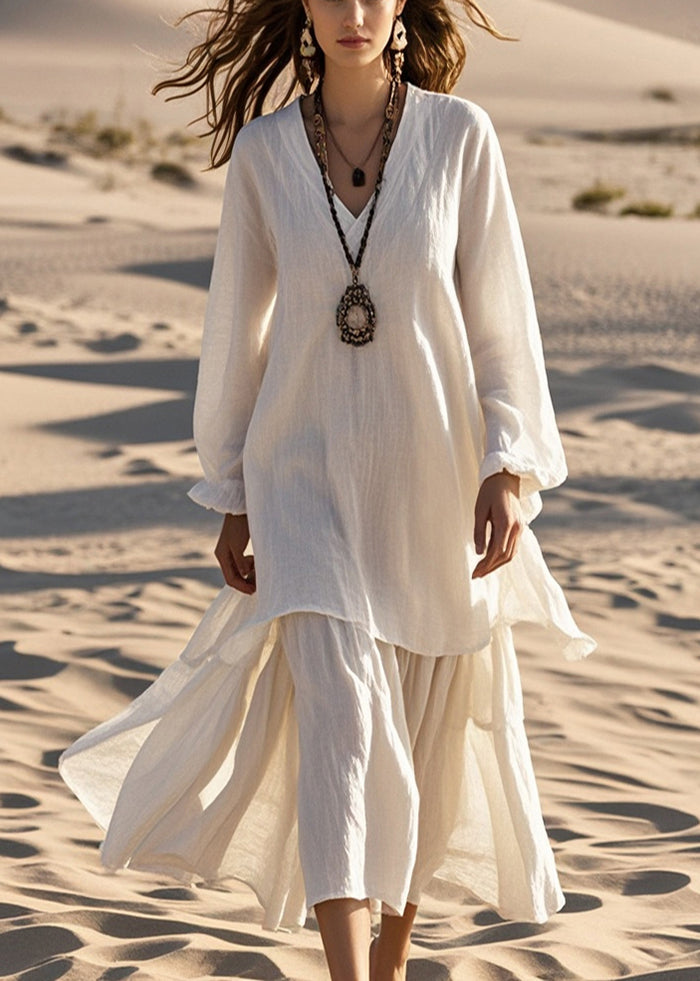 Plus Size White Oversized Cotton Fake Two Piece Dresses Spring