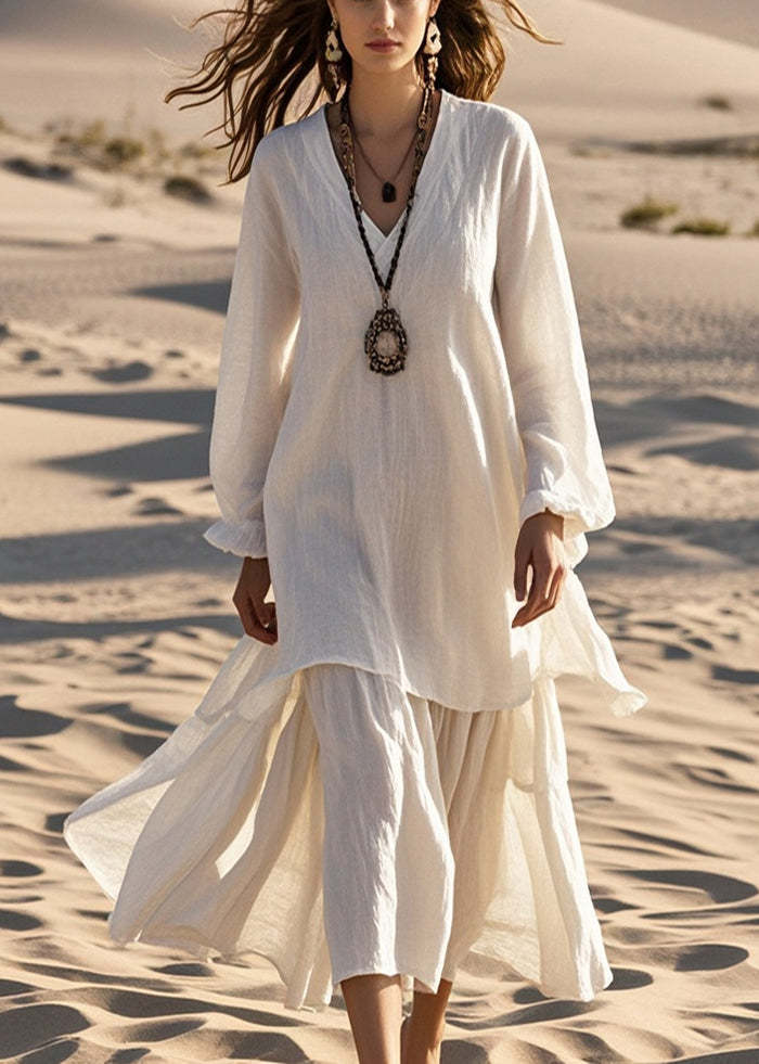 Plus Size White Oversized Cotton Fake Two Piece Dresses Spring