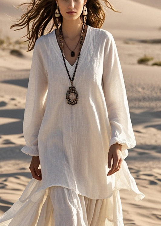 Plus Size White Oversized Cotton Fake Two Piece Dresses Spring