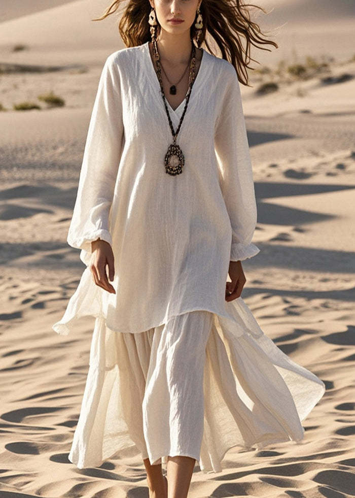 Plus Size White Oversized Cotton Fake Two Piece Dresses Spring