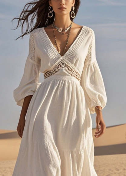 Silm Fit White V Neck Hollow Out Cotton Long Dress Spring