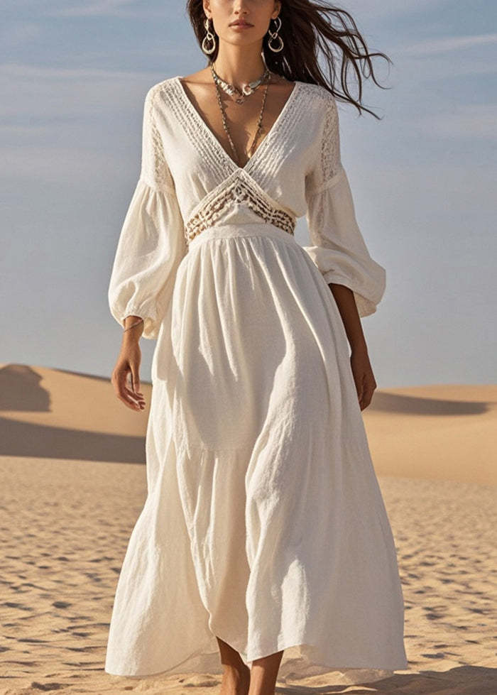 Silm Fit White V Neck Hollow Out Cotton Long Dress Spring