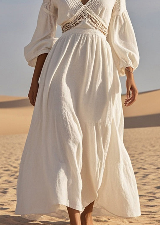 Silm Fit White V Neck Hollow Out Cotton Long Dress Spring