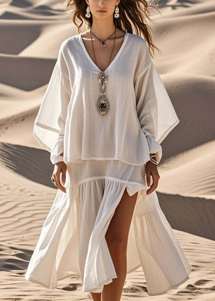 Unique White Oversized Side Open Cotton Maxi Dress Spring