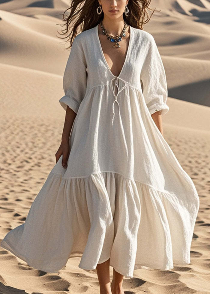 Women White Oversized Lace Up Cotton Robe Dresses Spring