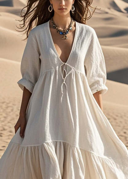Women White Oversized Lace Up Cotton Robe Dresses Spring