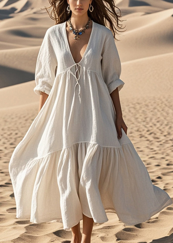 Women White Oversized Lace Up Cotton Robe Dresses Spring