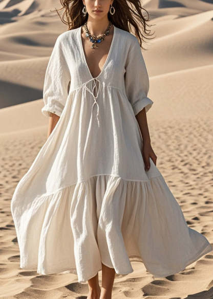 Women White Oversized Lace Up Cotton Robe Dresses Spring