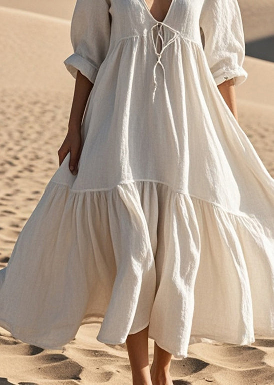 Women White Oversized Lace Up Cotton Robe Dresses Spring