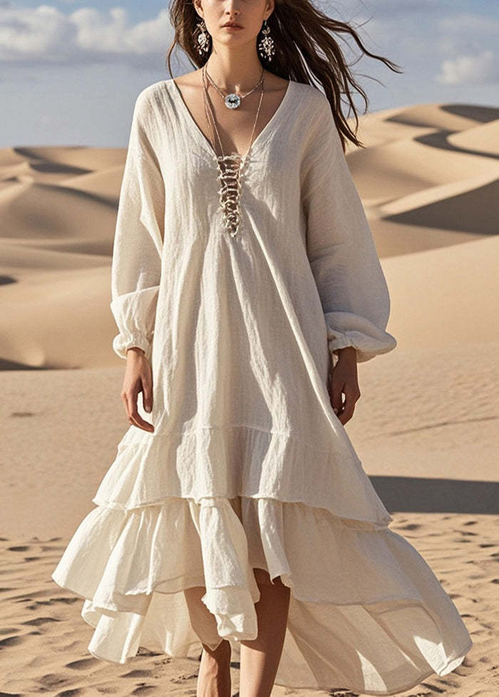 Women White Oversized Ruffles Cotton Long Dress Spring