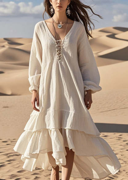Women White Oversized Ruffles Cotton Long Dress Spring