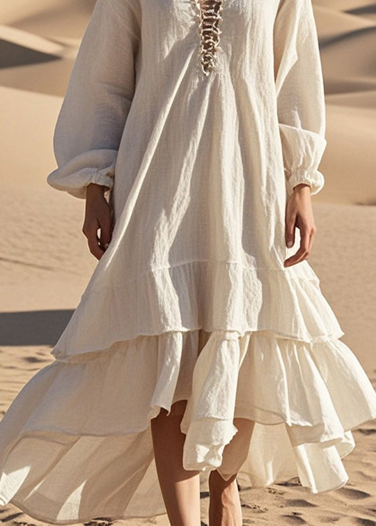 Women White Oversized Ruffles Cotton Long Dress Spring