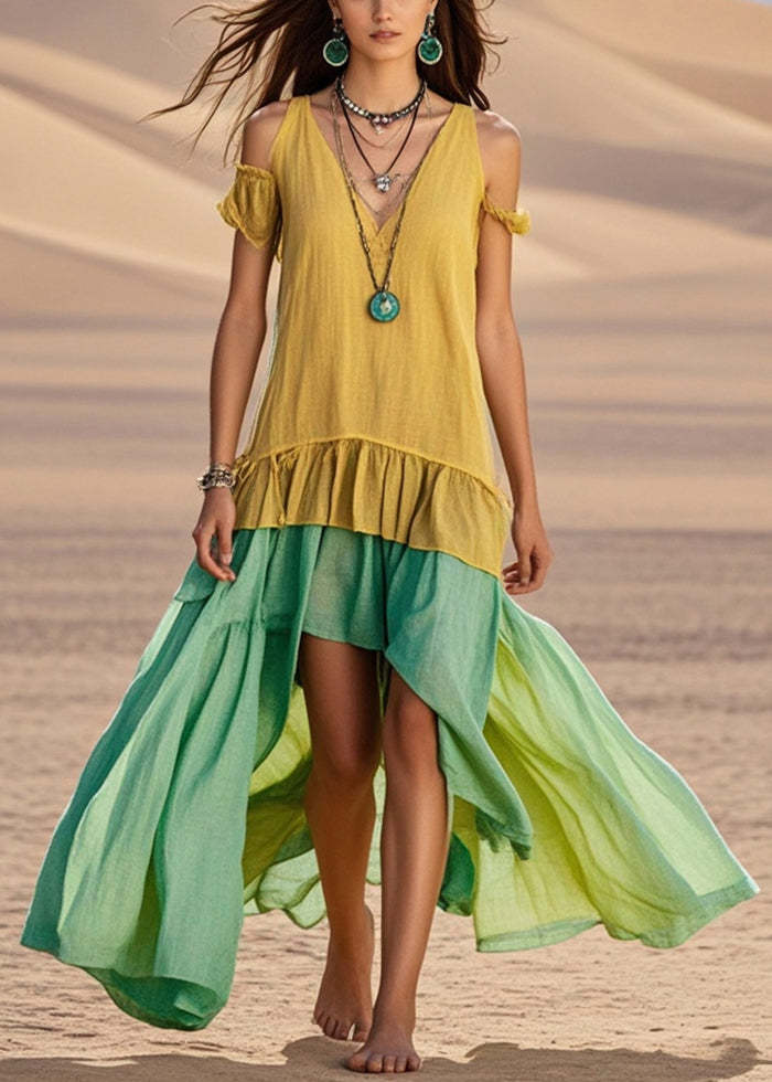 Yellow Patchwork Cotton Maxi Dresses Cold Shoulder Asymmetrical Design