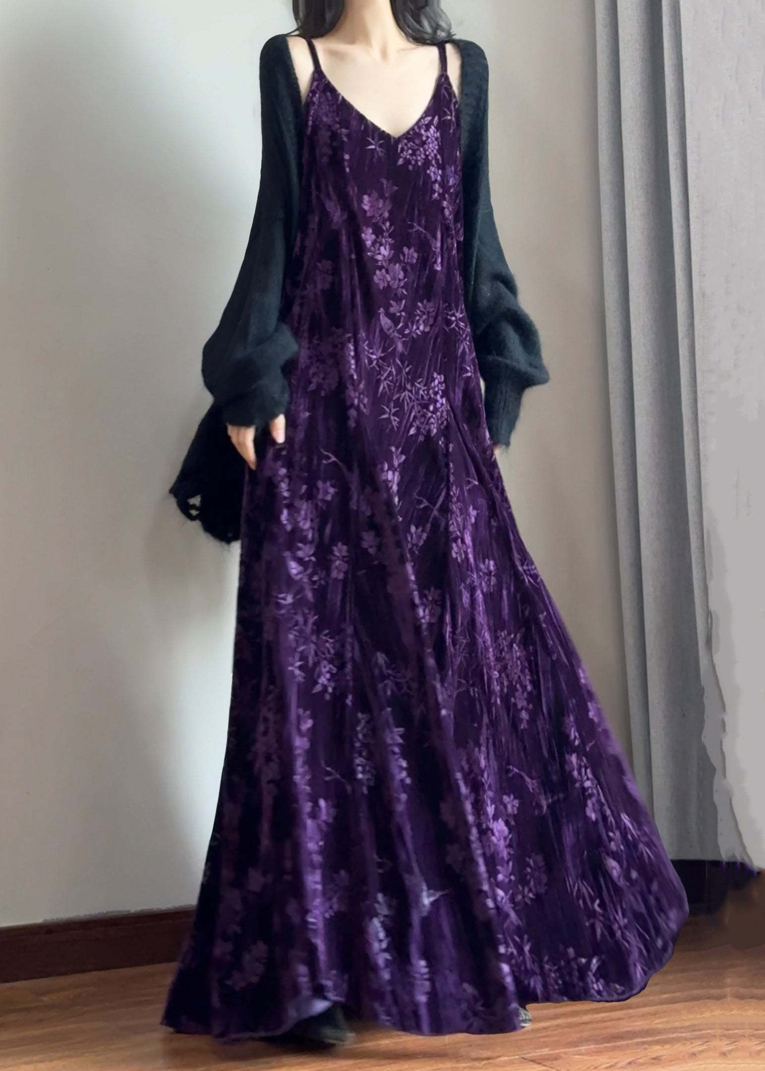 Italian Purple V Neck Jacquard Silk Velvet Spaghetti Strap Dress Sleev