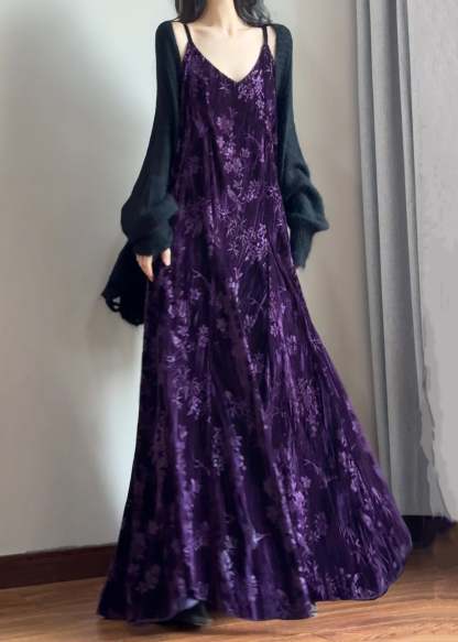 Italian Purple V Neck Jacquard Silk Velvet Spaghetti Strap Dress Sleeveless