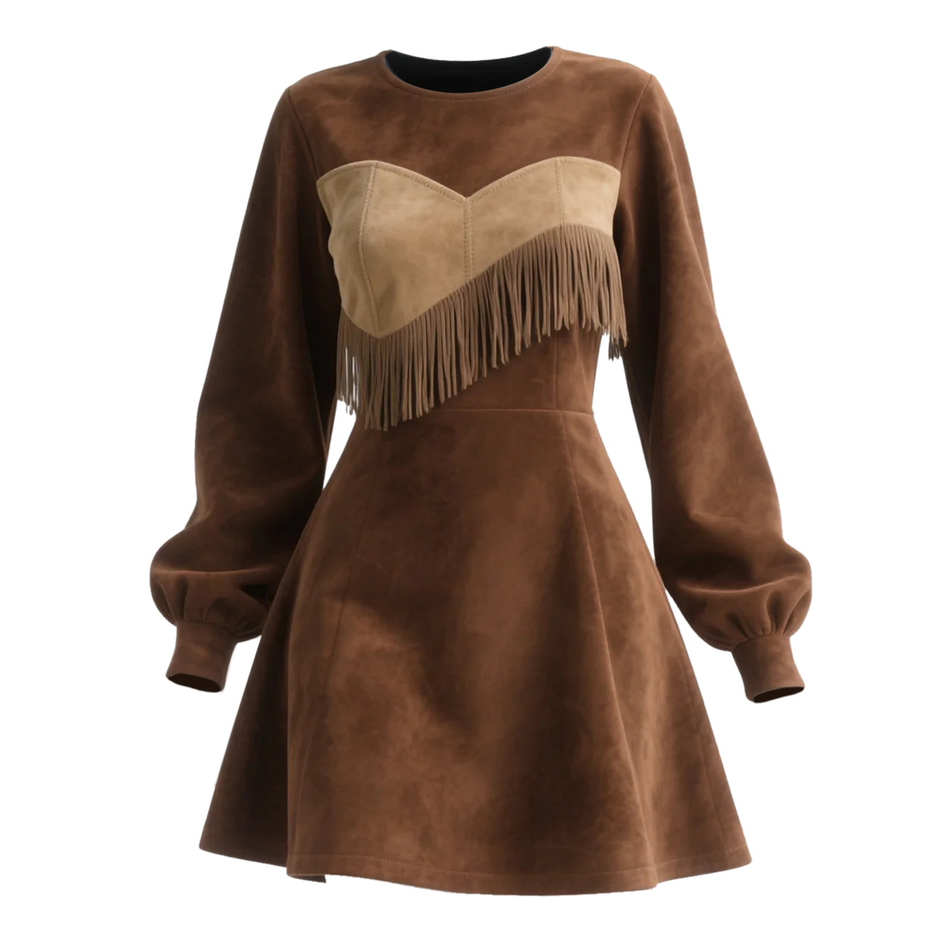 Outdoor Retro Western Style Women's Contrast Stitching Suede Tassel Long Sleeve Round Neck Dress