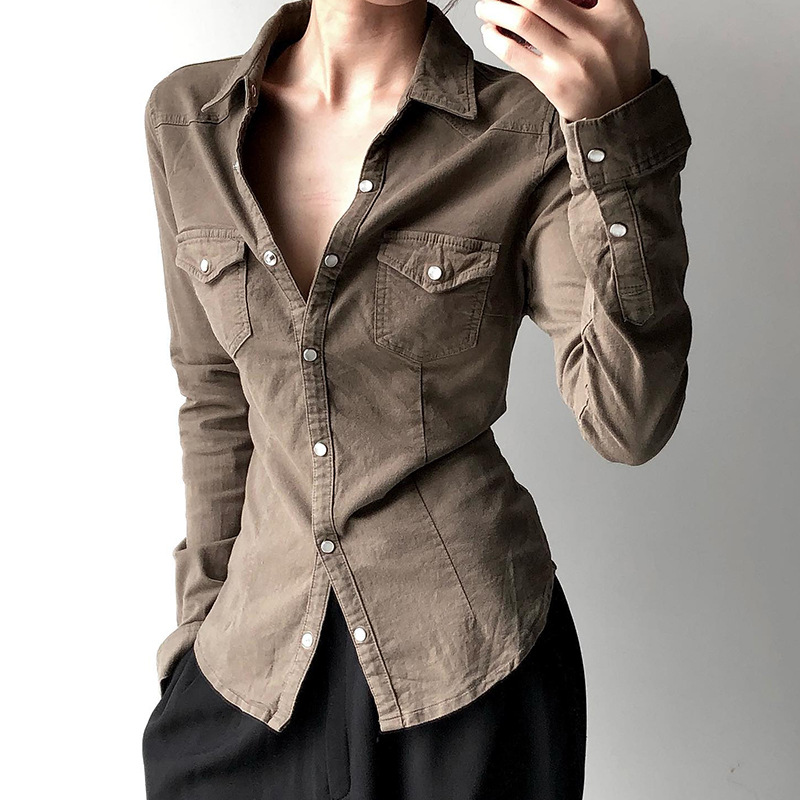 Retro Washed Contrast Stitching Blouse