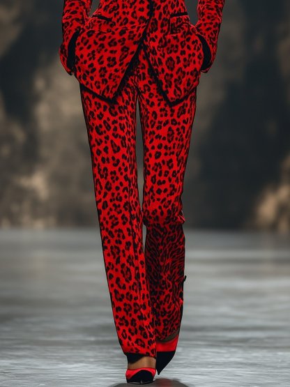 Shipping Striking Red Leopard Print Suit